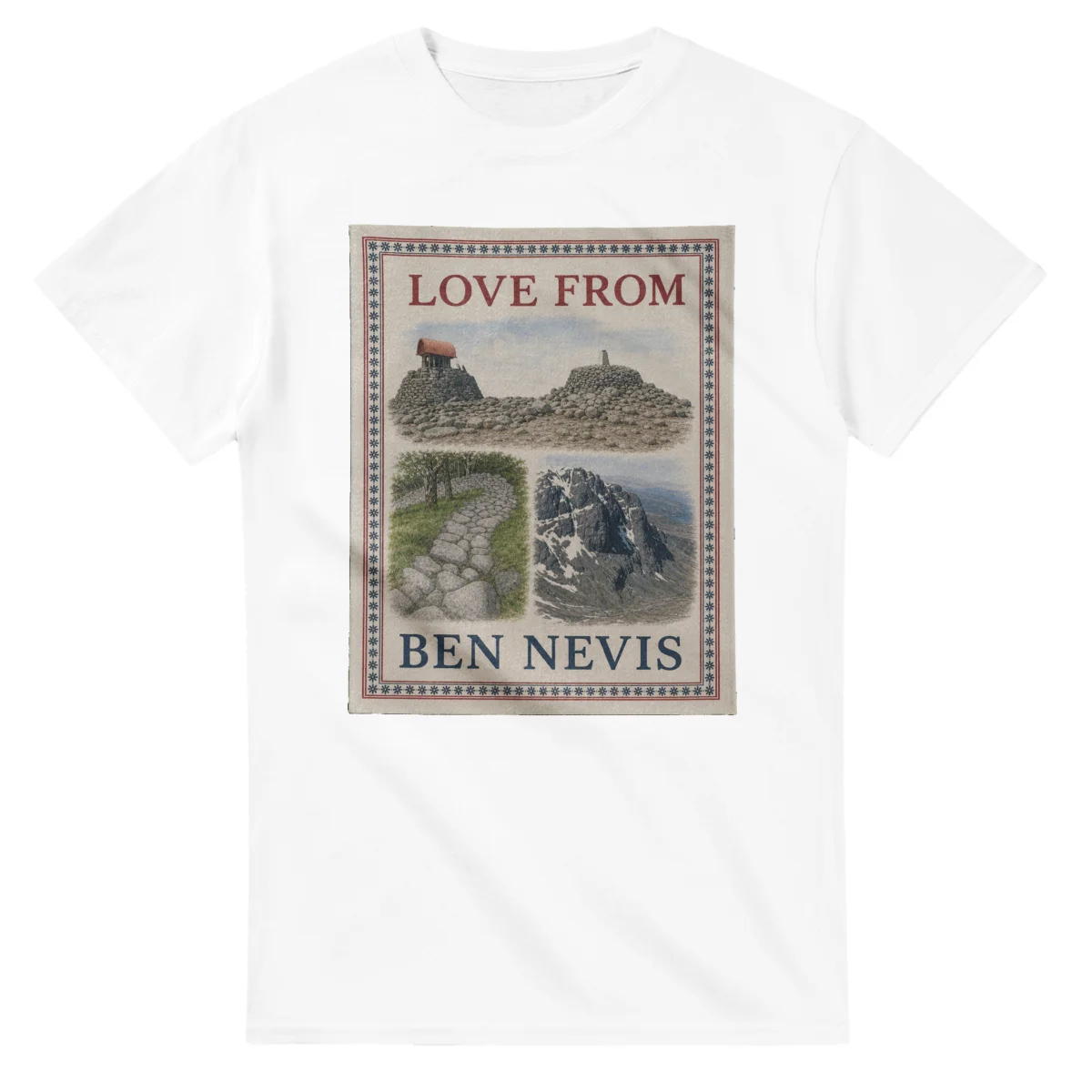 Framed scenic design for Ben Nevis, with several local views, a decorative border and LOVE FROM lettering.