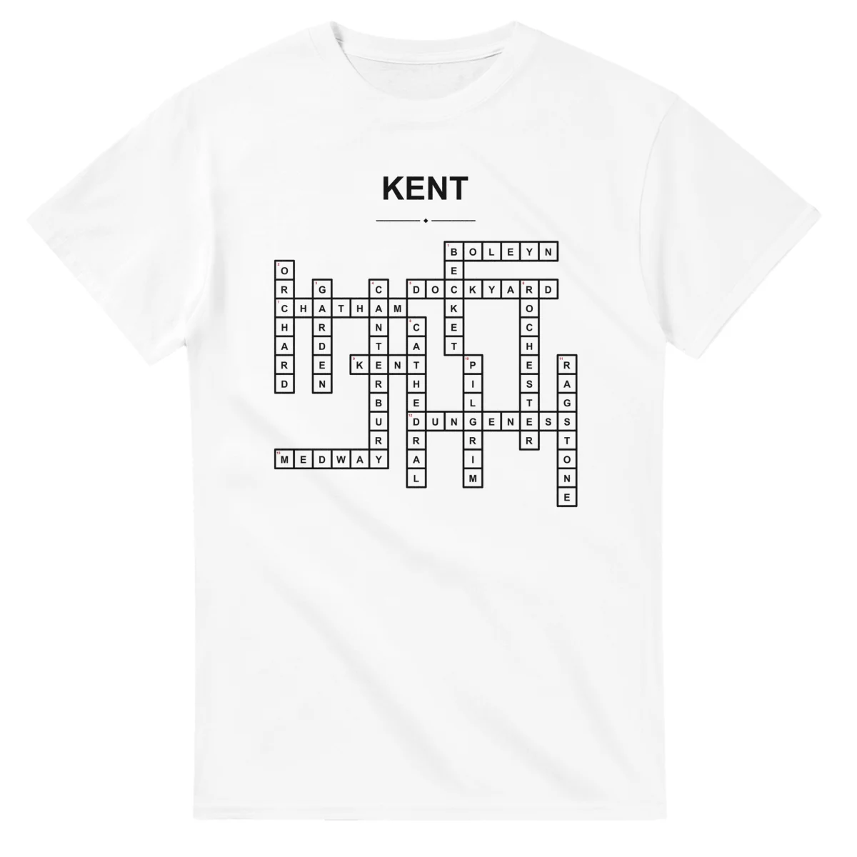 Monochrome crossword sheet for Kent, with a large place-name heading, a letter grid, and numbered across and down clues.