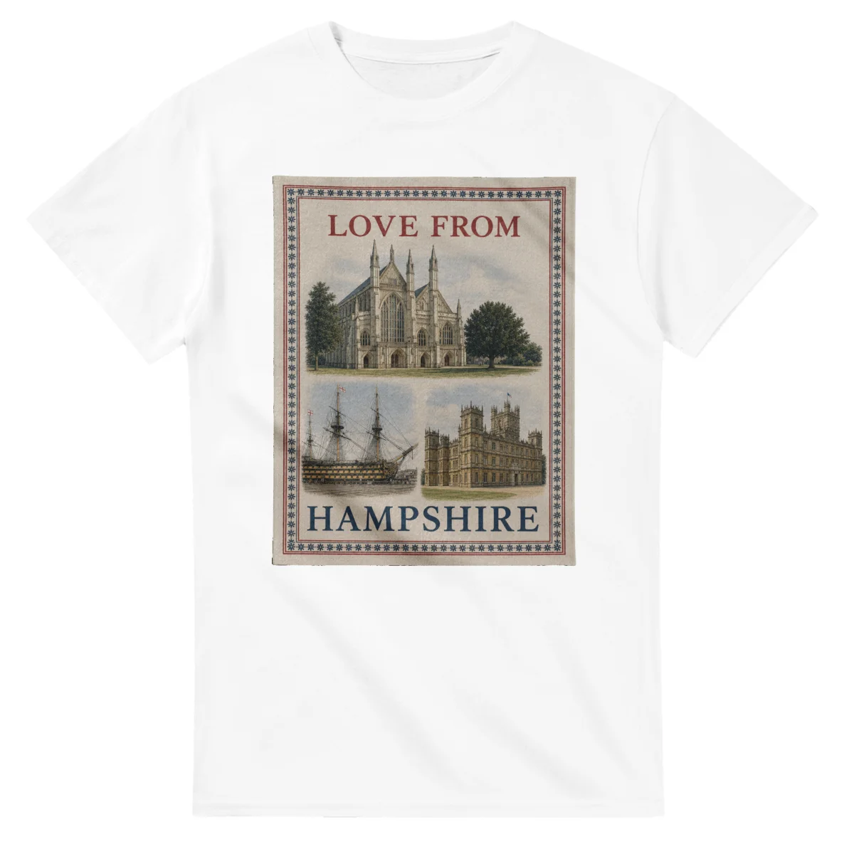 Framed scenic design for Hampshire, with several local views, a decorative border and LOVE FROM lettering.