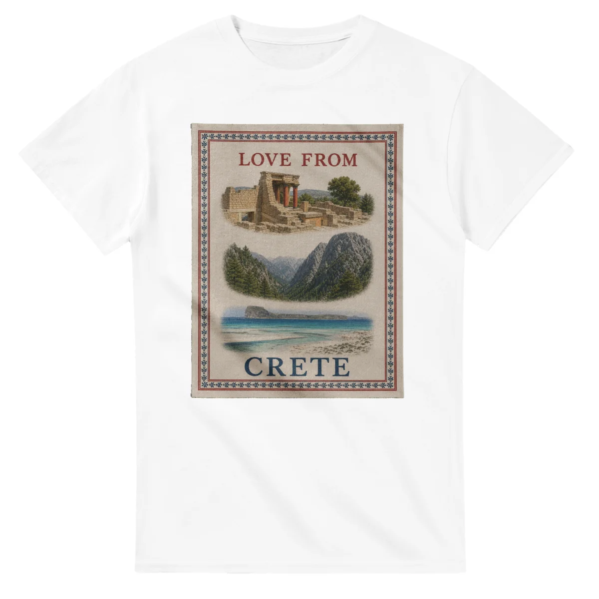 Framed scenic design for Crete, with several local views, a decorative border and LOVE FROM lettering.