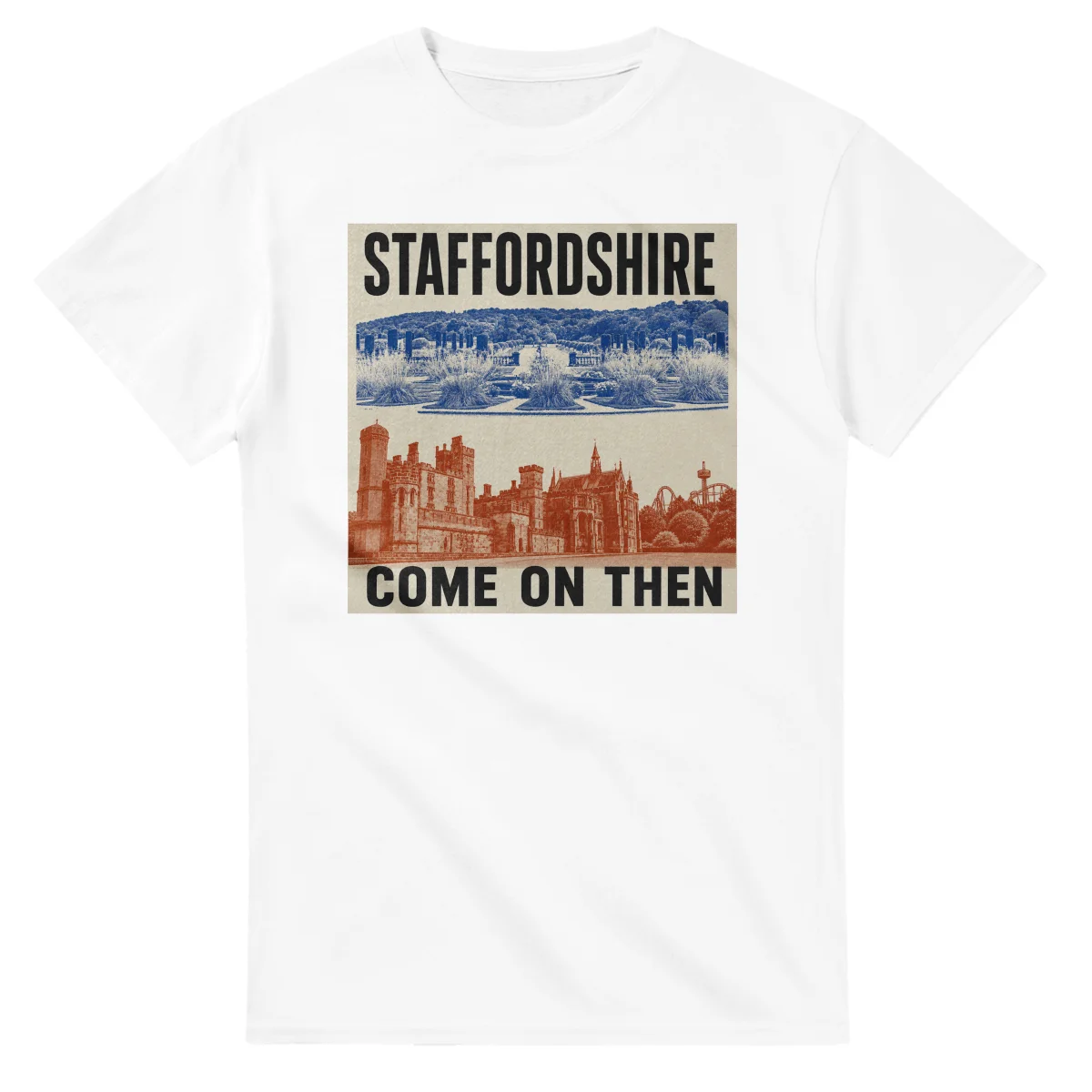 Two-colour scenic illustration for Staffordshire, with the place name and COME ON THEN lettering.