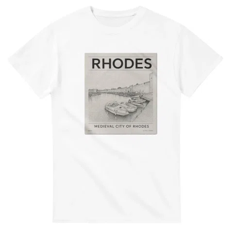Fine-line engraving-style drawing for Rhodes, with a landmark caption and small coordinate text.