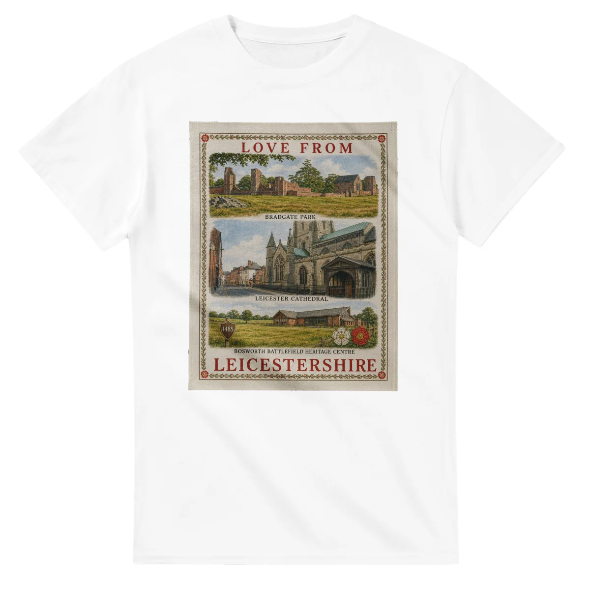 Framed scenic design for Leicestershire, with several local views, a decorative border and LOVE FROM lettering.