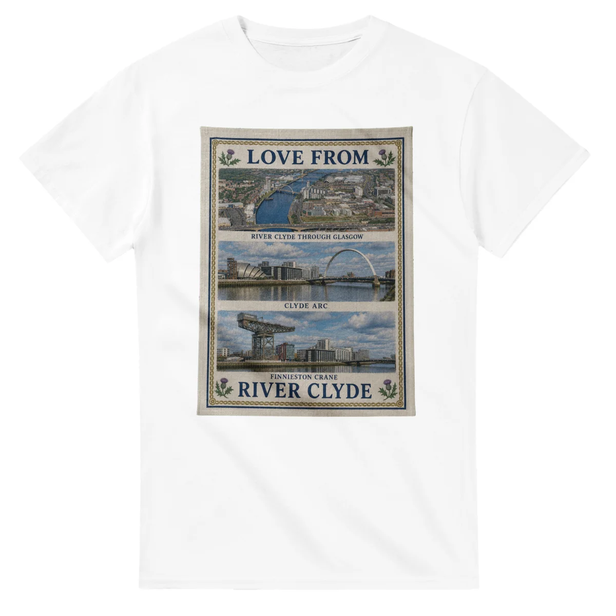 Framed scenic design for River Clyde, with several local views, a decorative border and LOVE FROM lettering.