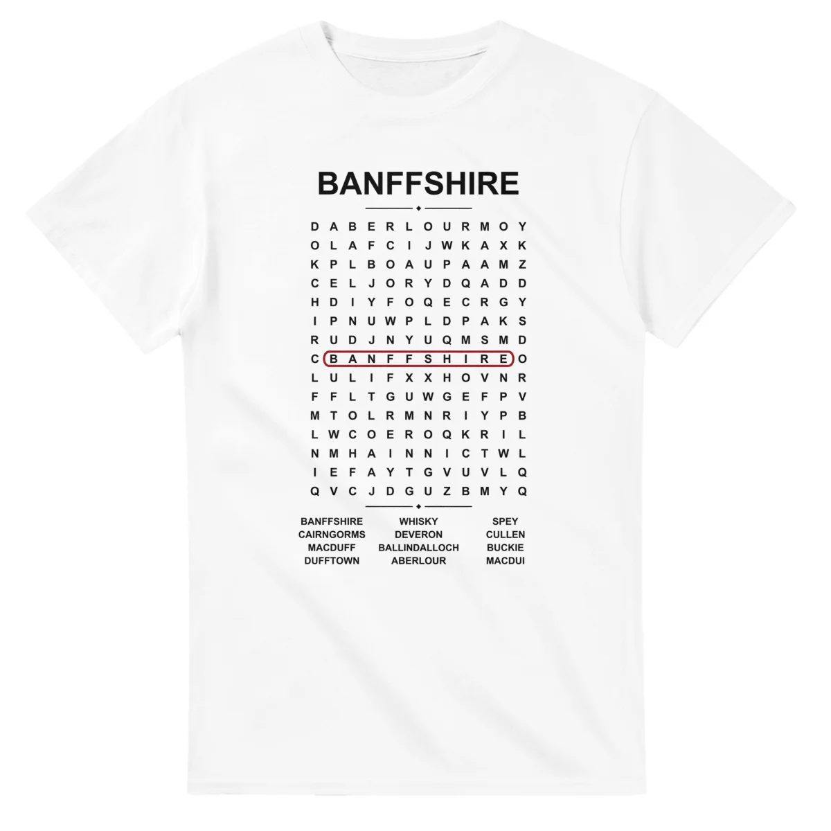 Word-search sheet for Banffshire, with a large place-name heading, a letter grid, a local answer list, and a red highlighted example word.