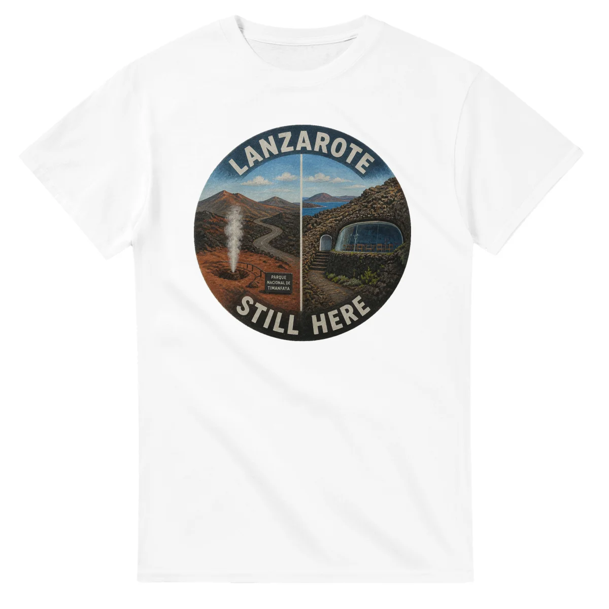 Painted, panelled scenic illustration for Lanzarote, with paired local scenes and the place name in lettering.