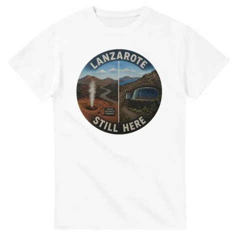 Painted, panelled scenic illustration for Lanzarote, with paired local scenes and the place name in lettering.