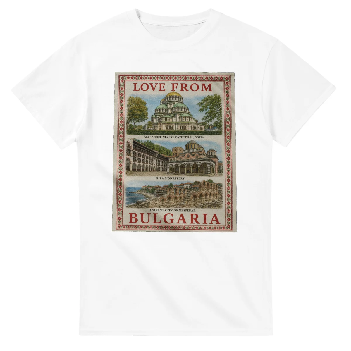 Framed scenic design for Bulgaria, with several local views, a decorative border and LOVE FROM lettering.