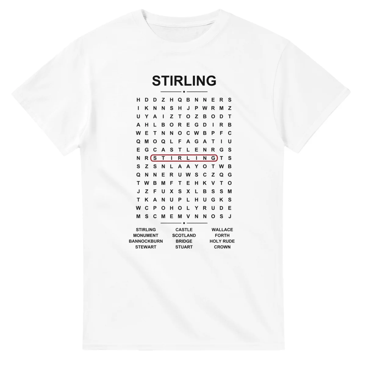 Word-search sheet for Stirling, with a large place-name heading, a letter grid, a local answer list, and a red highlighted example word.