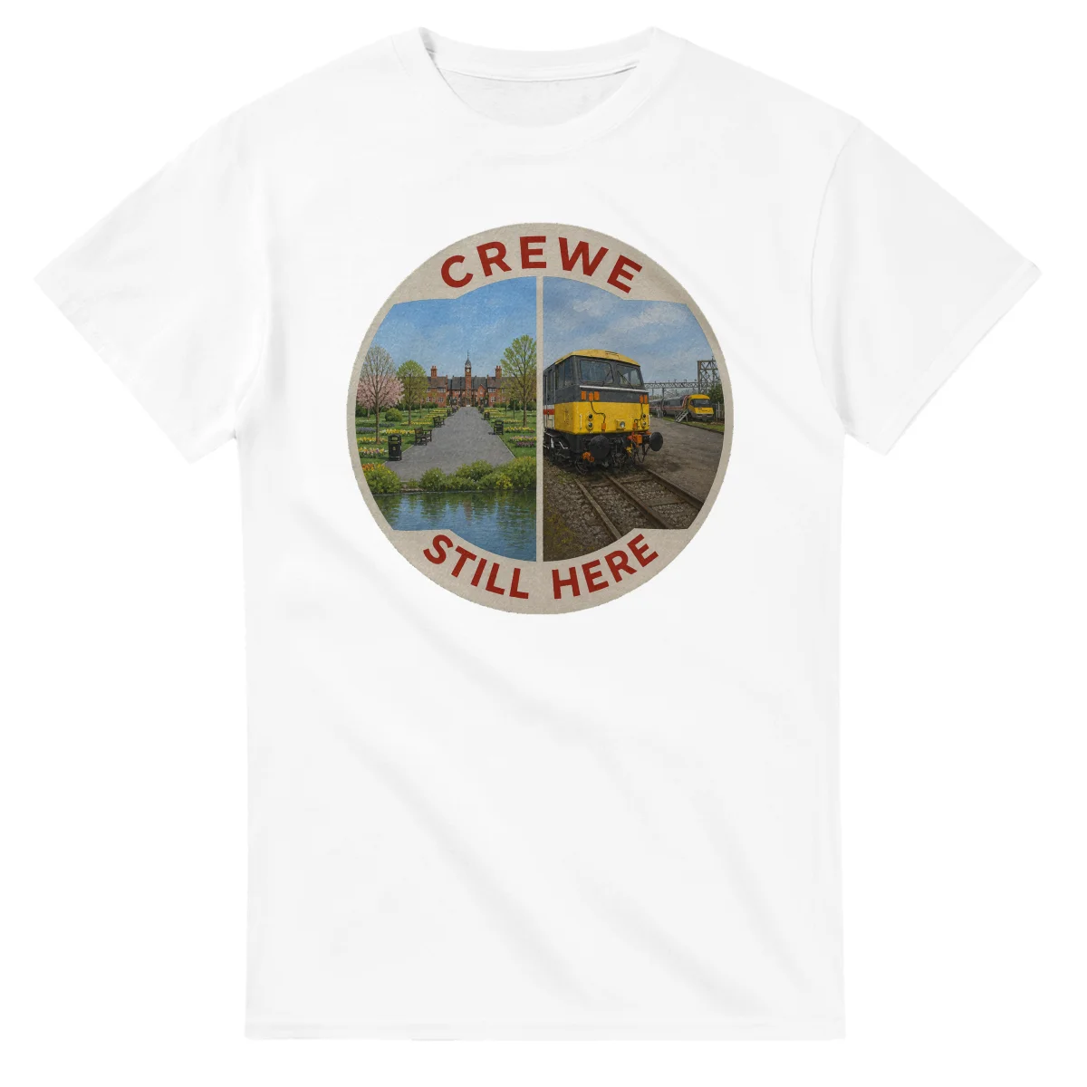 Painted, panelled scenic illustration for Crewe, with paired local scenes and the place name in lettering.