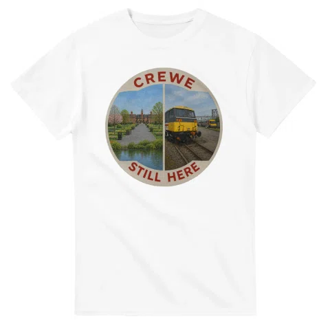 Painted, panelled scenic illustration for Crewe, with paired local scenes and the place name in lettering.