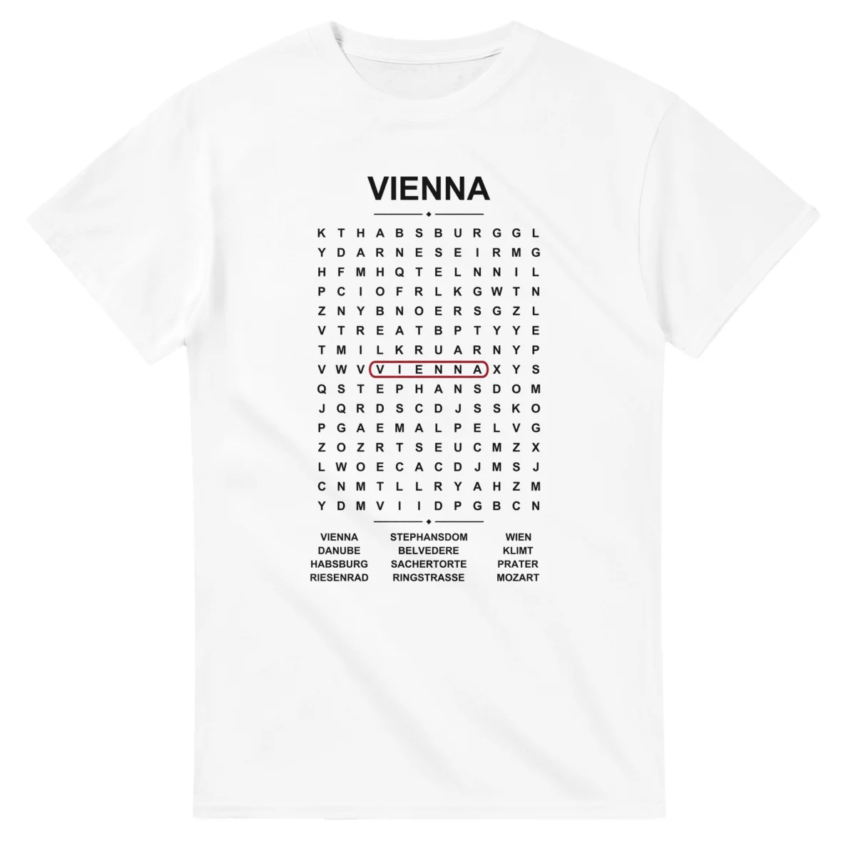 Word-search sheet for Vienna, with a large place-name heading, a letter grid, a local answer list, and a red highlighted example word.