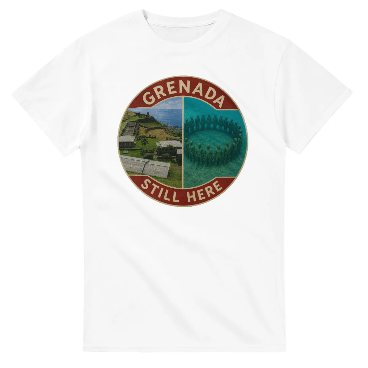 Painted, panelled scenic illustration for Grenada, with paired local scenes and the place name in lettering.