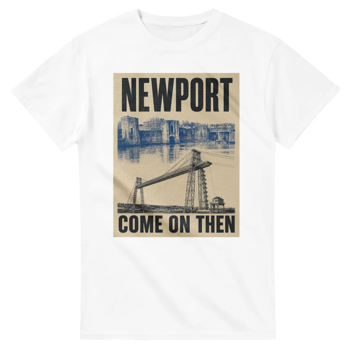 Two-colour scenic illustration for Newport, with the place name and COME ON THEN lettering.