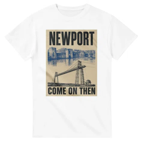 Two-colour scenic illustration for Newport, with the place name and COME ON THEN lettering.