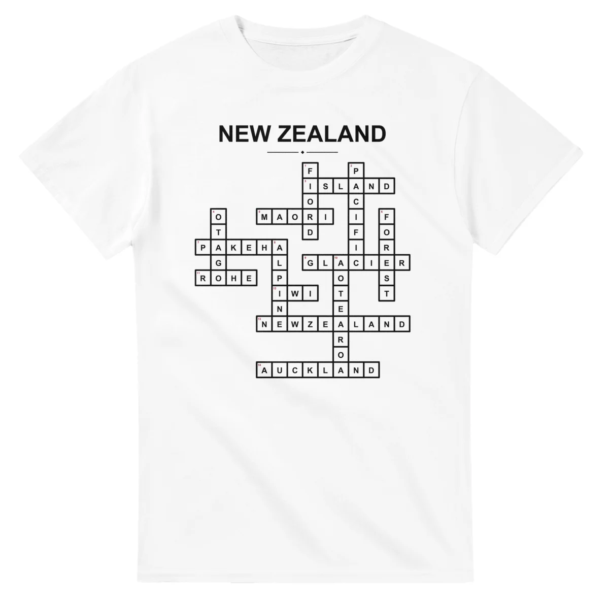 Monochrome crossword sheet for New Zealand, with a large place-name heading, a letter grid, and numbered across and down clues.