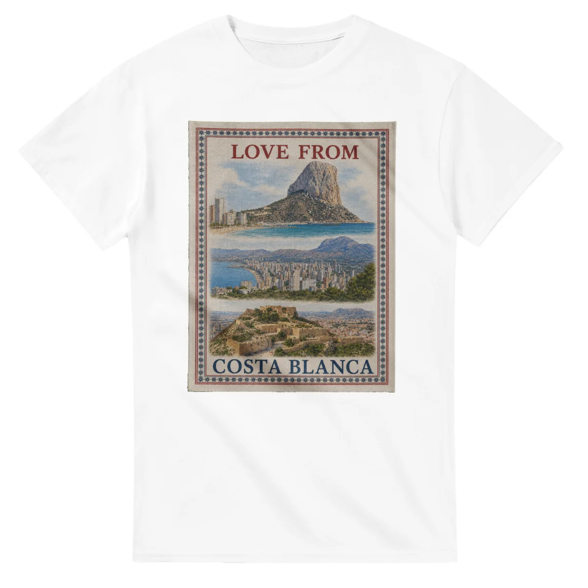 Framed scenic design for Costa Blanca, with several local views, a decorative border and LOVE FROM lettering.