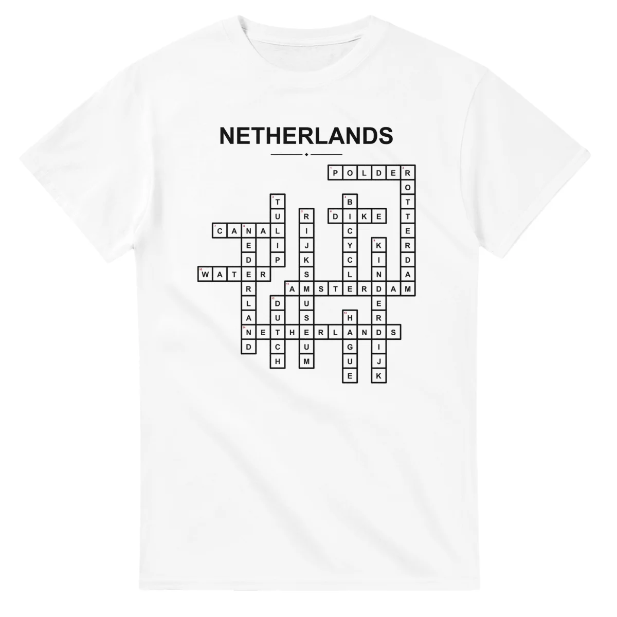 Monochrome crossword sheet for Netherlands, with a large place-name heading, a letter grid, and numbered across and down clues.