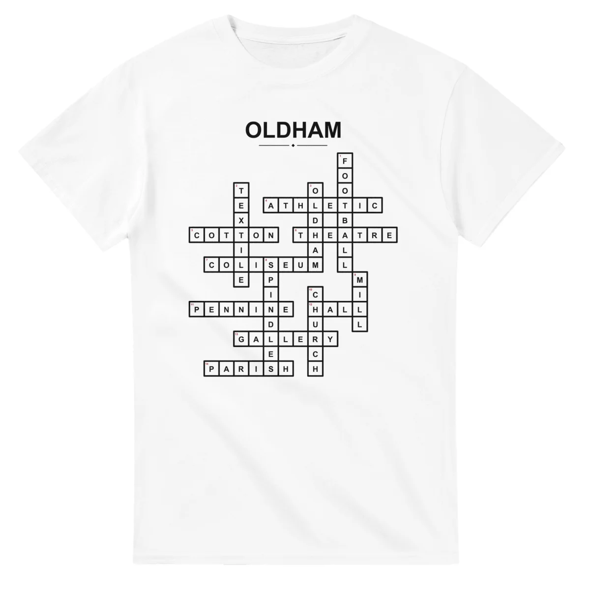 Monochrome crossword sheet for Oldham, with a large place-name heading, a letter grid, and numbered across and down clues.