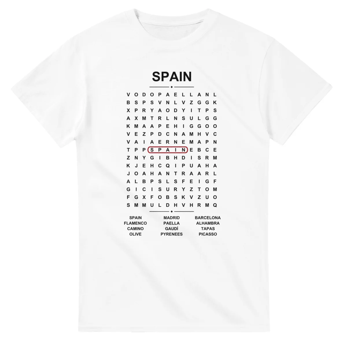 Word-search sheet for Spain, with a large place-name heading, a letter grid, a local answer list, and a red highlighted example word.