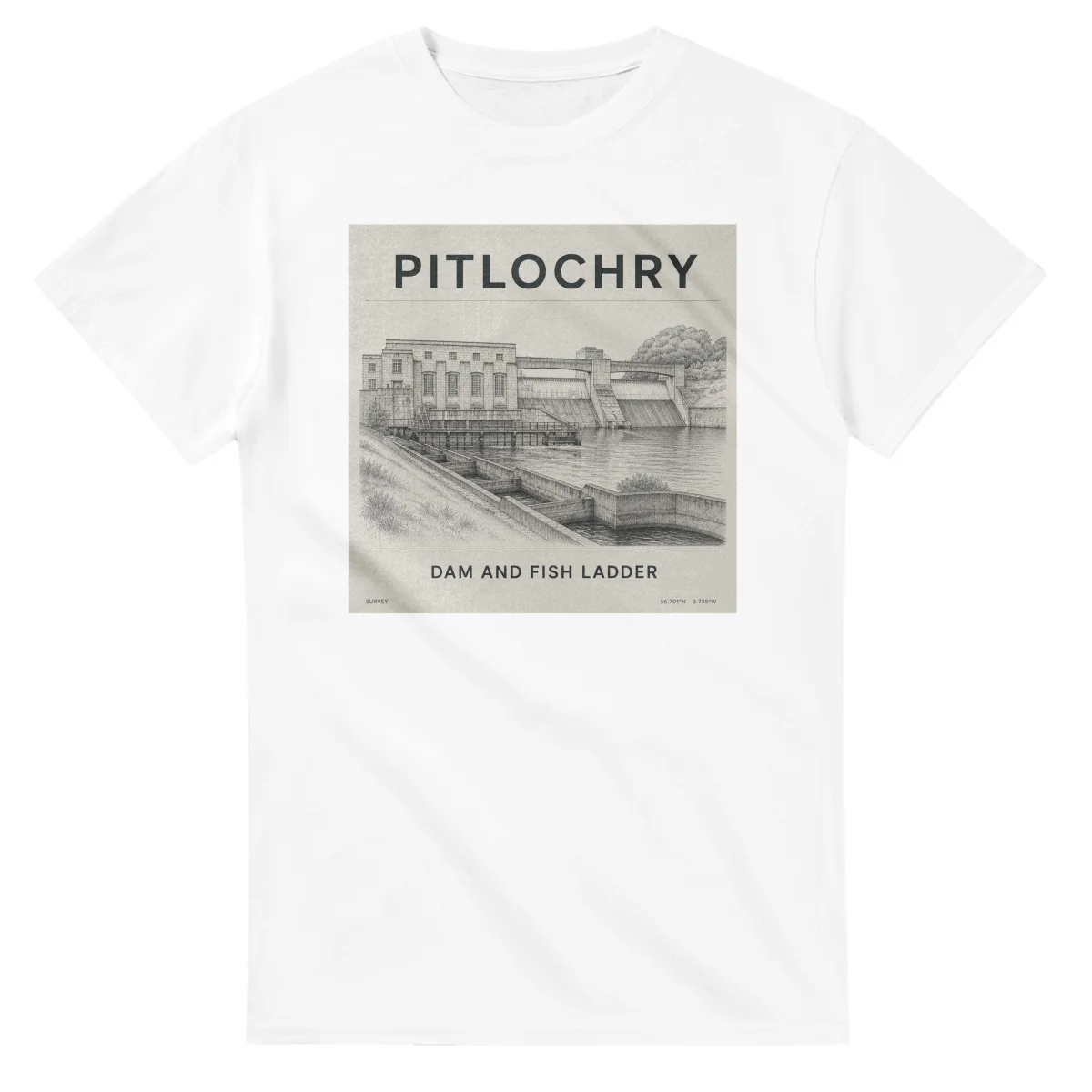 Fine-line engraving-style drawing for Pitlochry, with a landmark caption and small coordinate text.