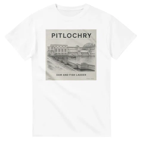 Fine-line engraving-style drawing for Pitlochry, with a landmark caption and small coordinate text.