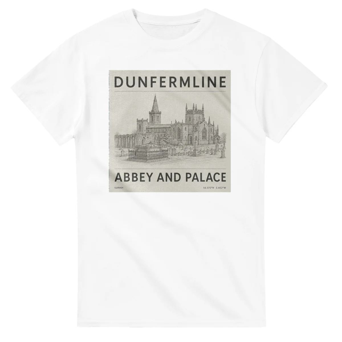 Fine-line engraving-style drawing for Dunfermline, with a landmark caption and small coordinate text.