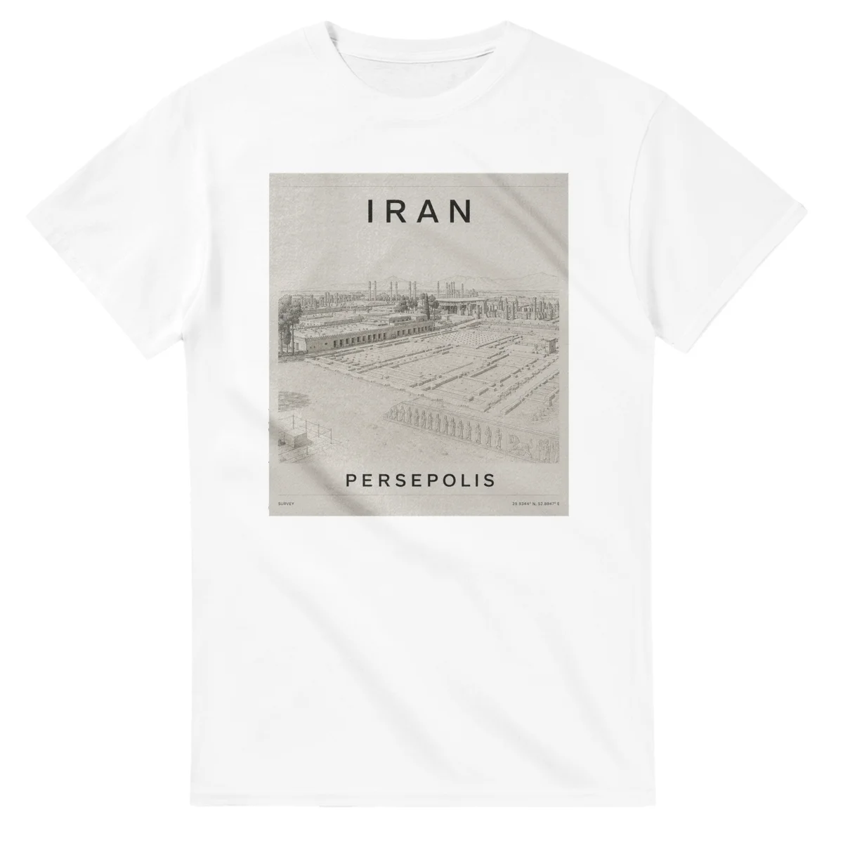 Fine-line engraving-style drawing for Iran, with a landmark caption and small coordinate text.