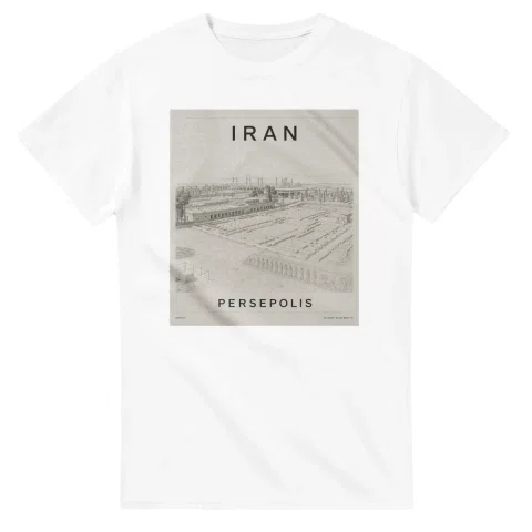 Fine-line engraving-style drawing for Iran, with a landmark caption and small coordinate text.