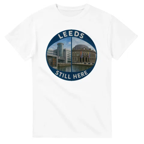 Painted, panelled scenic illustration for Leeds, with paired local scenes and the place name in lettering.
