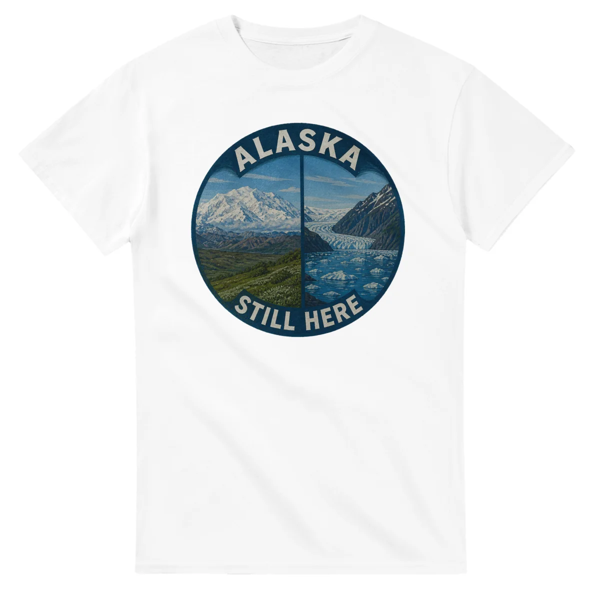 Painted, panelled scenic illustration for Alaska, with paired local scenes and the place name in lettering.