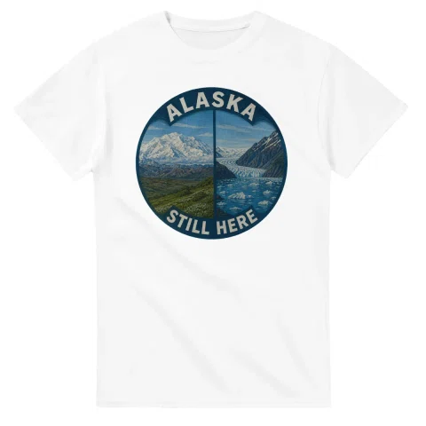 Painted, panelled scenic illustration for Alaska, with paired local scenes and the place name in lettering.