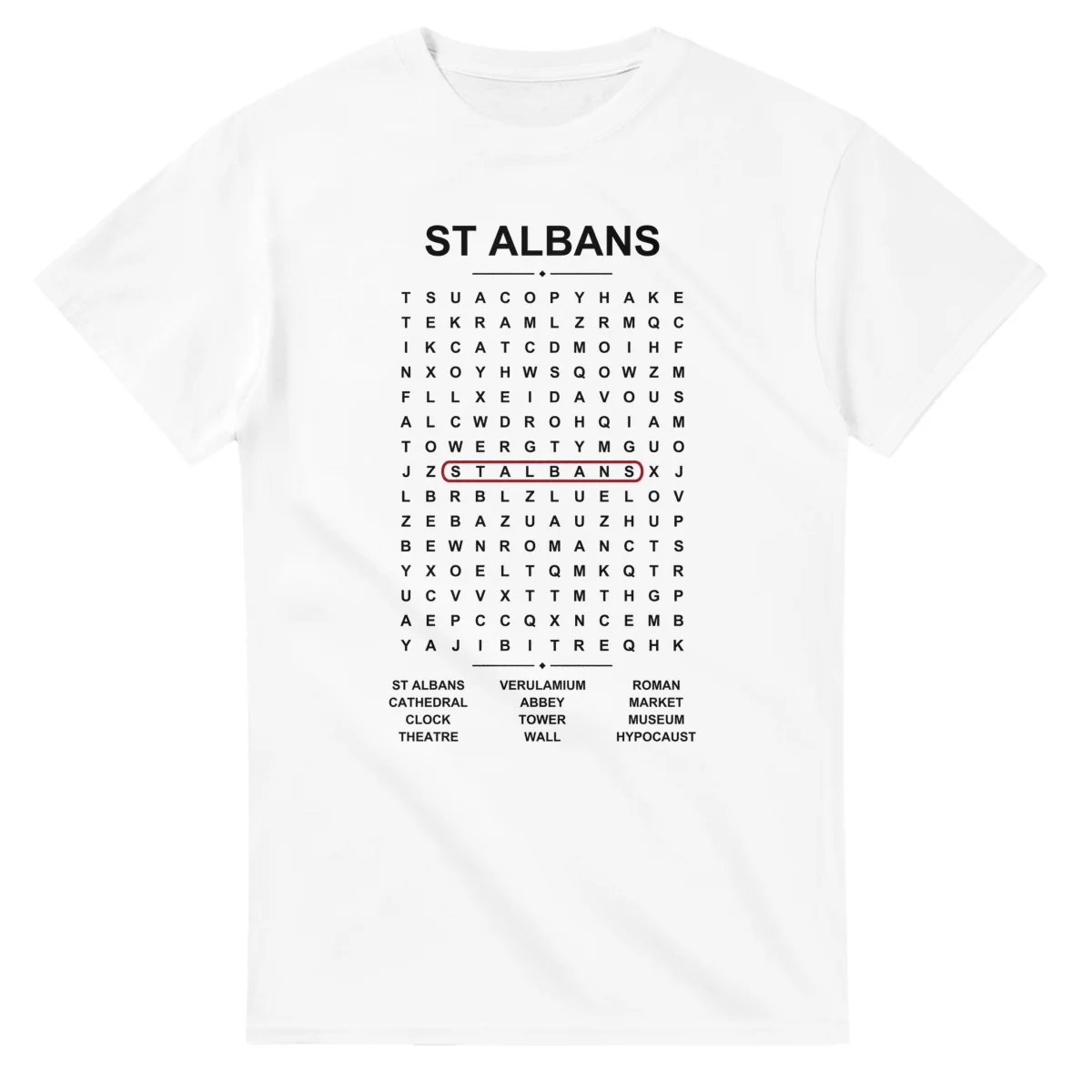 Word-search sheet for St Albans, with a large place-name heading, a letter grid, a local answer list, and a red highlighted example word.