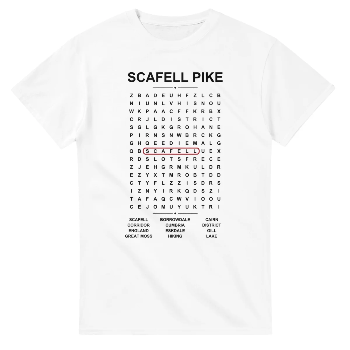 Word-search sheet for Scafell Pike, with a large place-name heading, a letter grid, a local answer list, and a red highlighted example word.