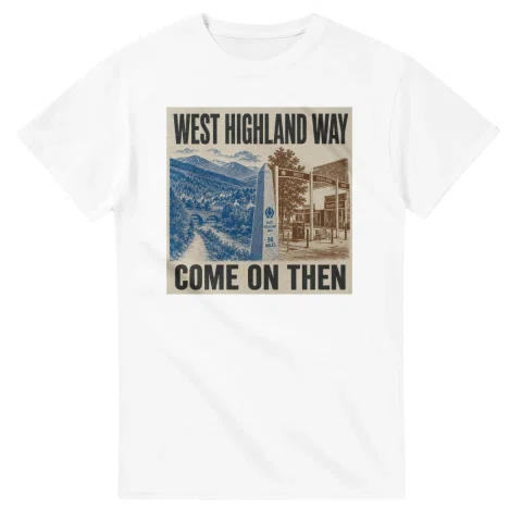 Two-colour scenic illustration for West Highland Way, with the place name and COME ON THEN lettering.