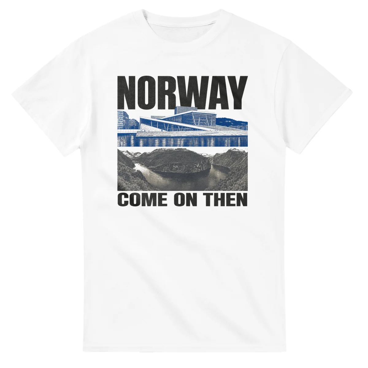 Two-colour scenic illustration for Norway, with the place name and COME ON THEN lettering.