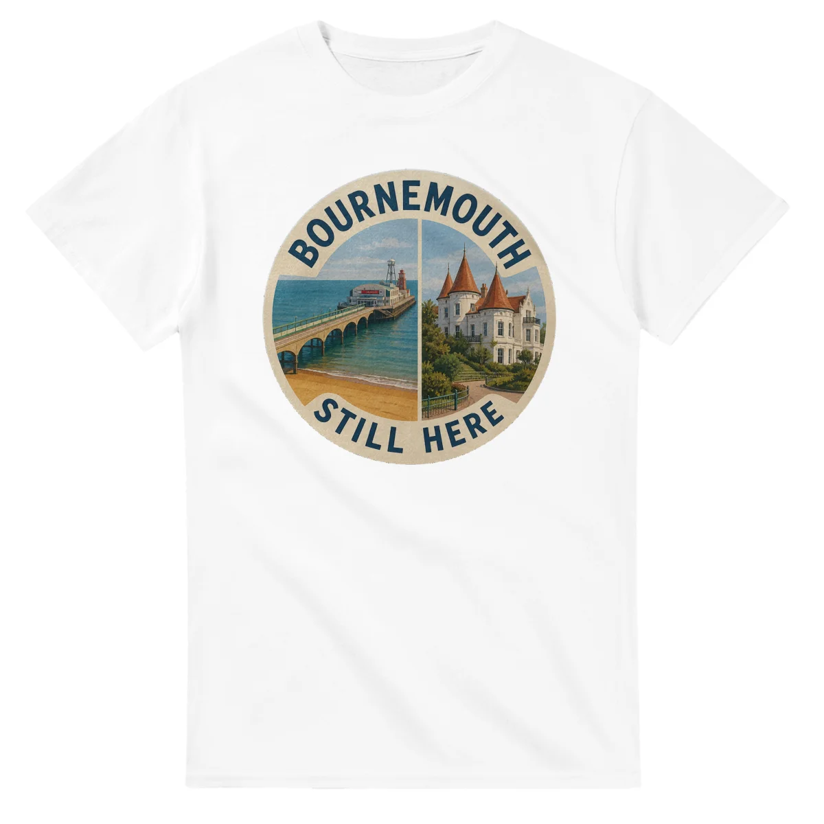 Painted, panelled scenic illustration for Bournemouth, with paired local scenes and the place name in lettering.