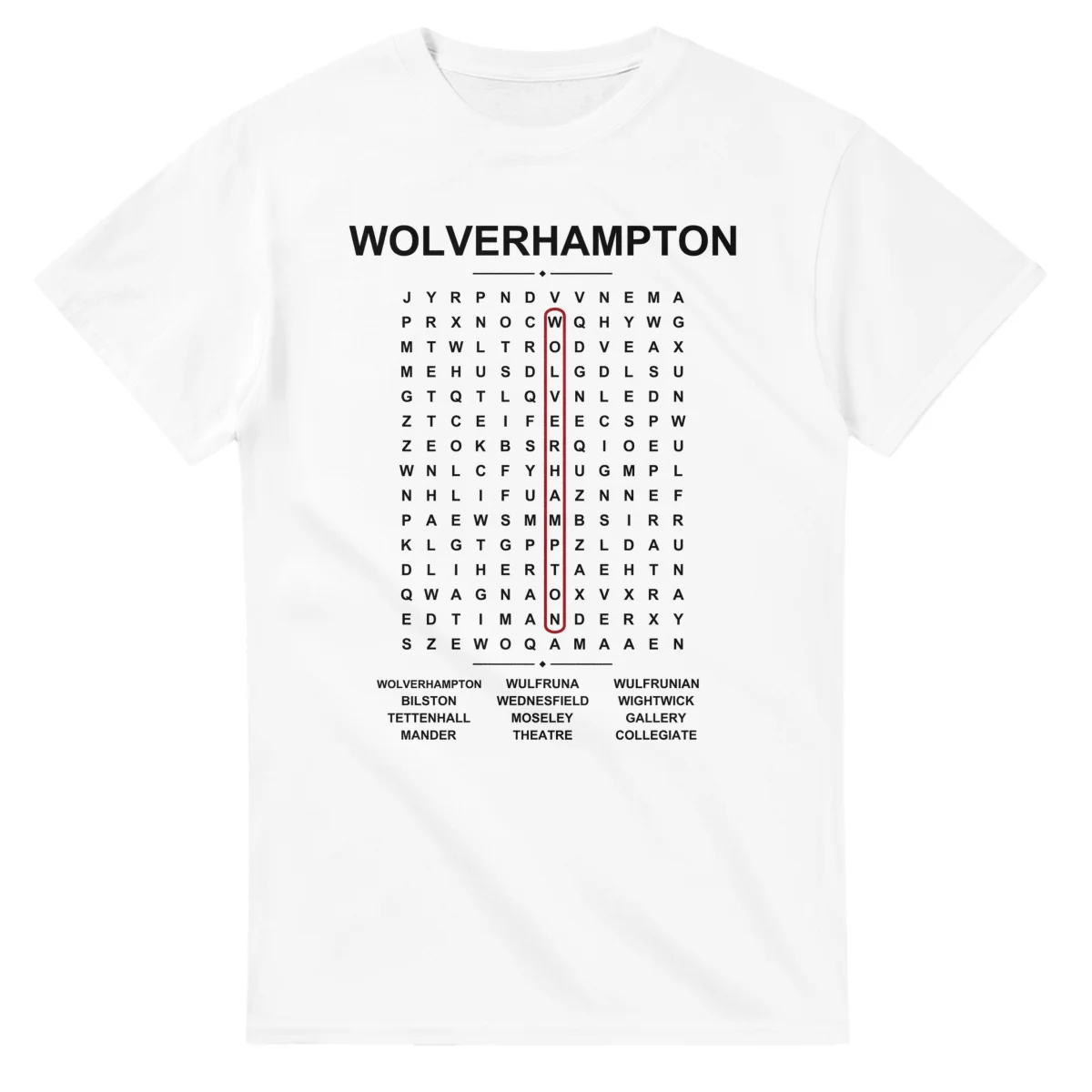Word-search sheet for Wolverhampton, with a large place-name heading, a letter grid, a local answer list, and a red highlighted example word.