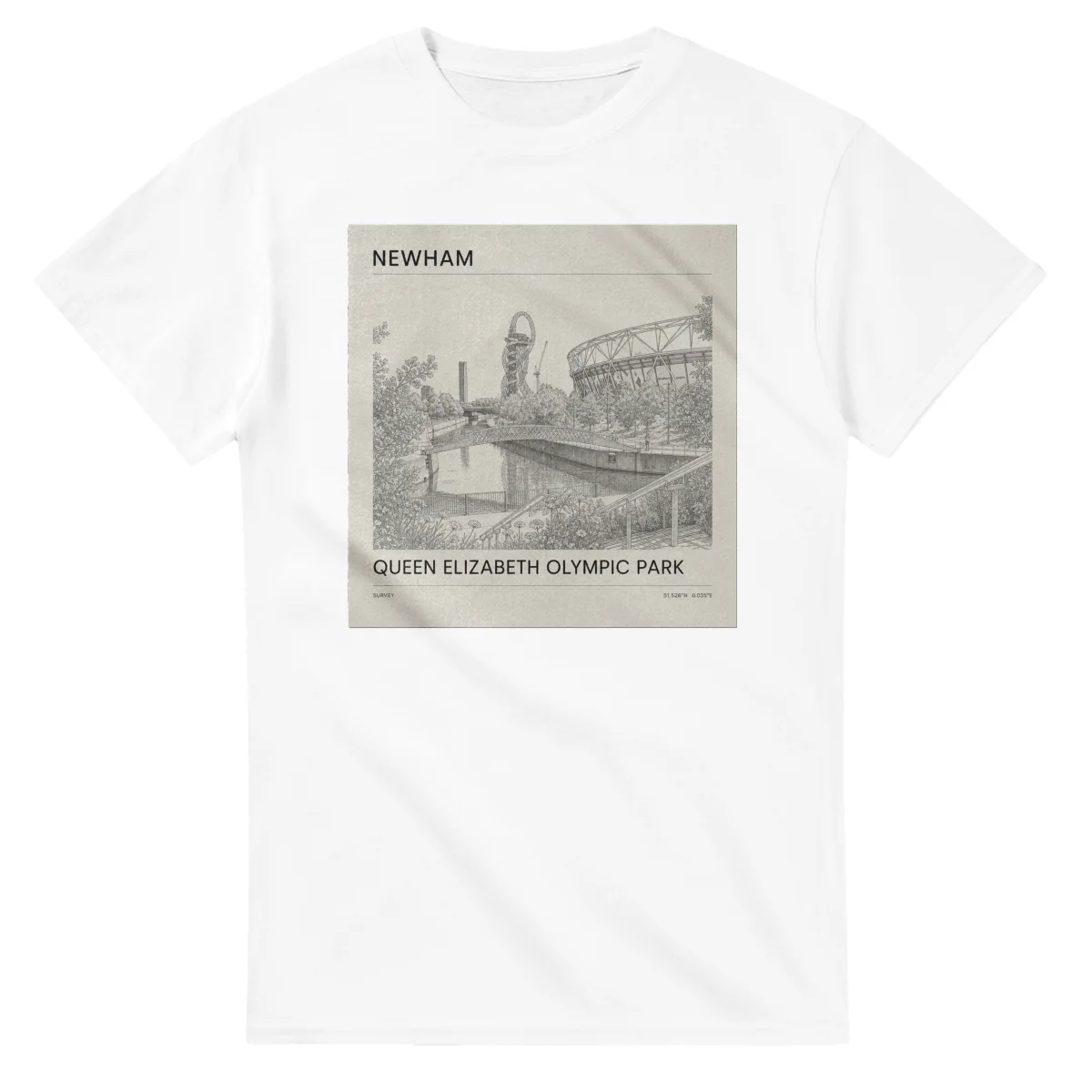 Fine-line engraving-style drawing for London Borough of Newham, with a landmark caption and small coordinate text.