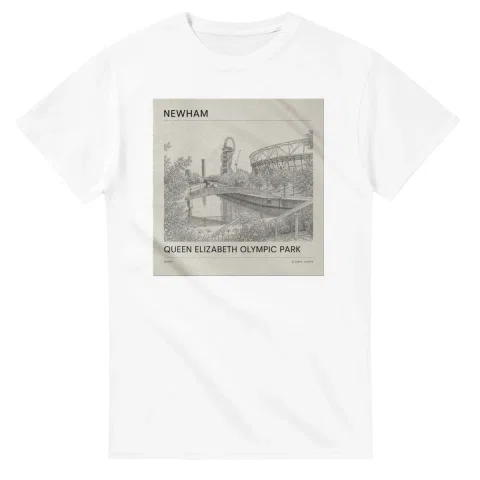 Fine-line engraving-style drawing for London Borough of Newham, with a landmark caption and small coordinate text.