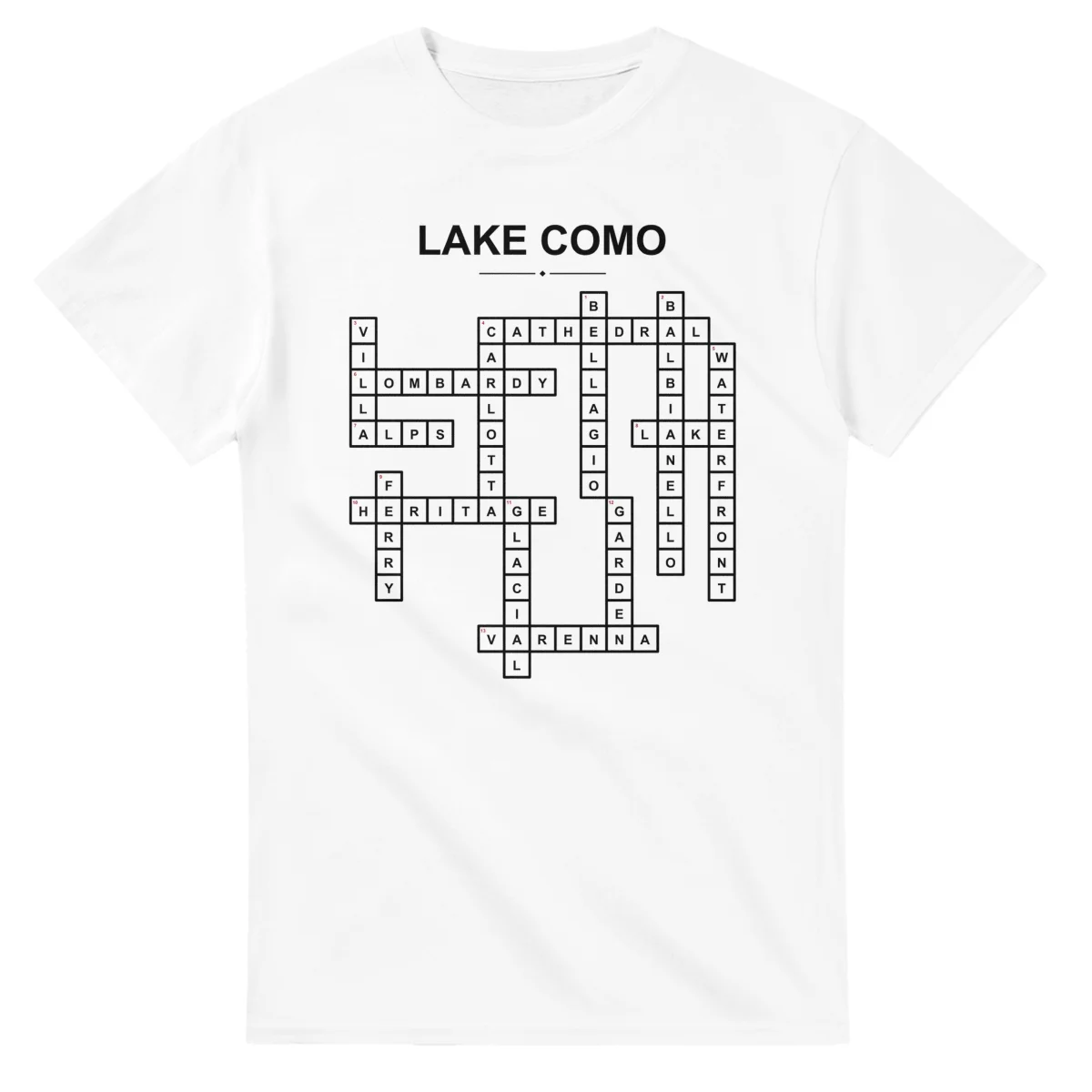 Monochrome crossword sheet for Lake Como, with a large place-name heading, a letter grid, and numbered across and down clues.