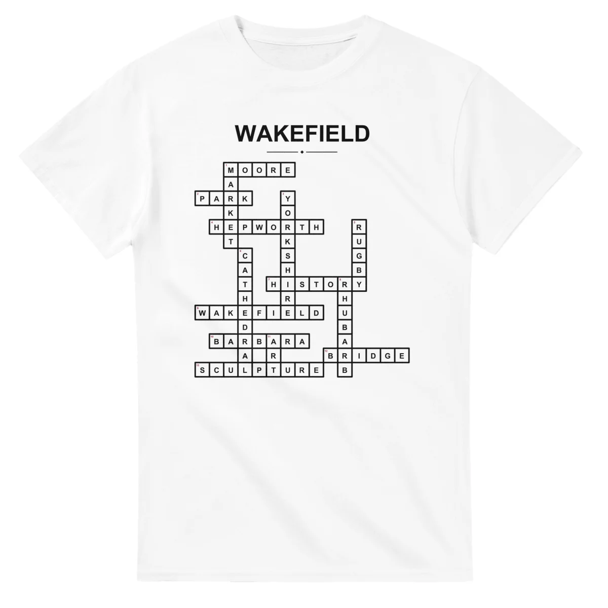 Monochrome crossword sheet for Wakefield, with a large place-name heading, a letter grid, and numbered across and down clues.