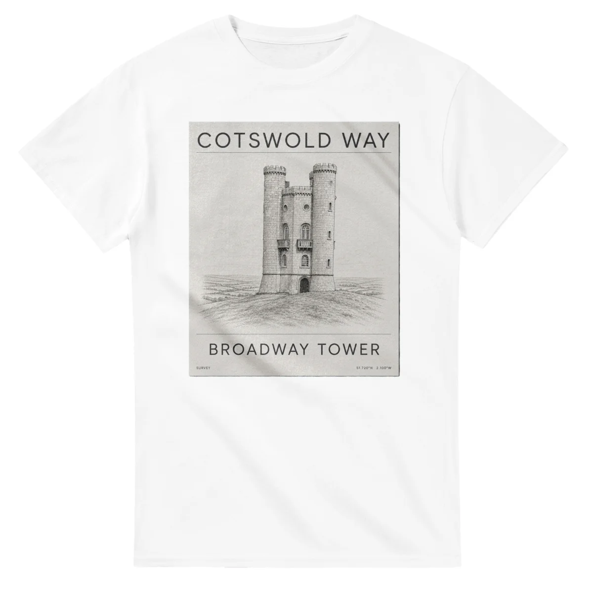 Fine-line engraving-style drawing for Cotswold Way, with a landmark caption and small coordinate text.
