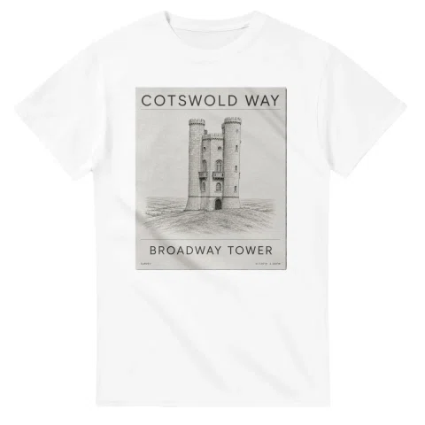 Fine-line engraving-style drawing for Cotswold Way, with a landmark caption and small coordinate text.