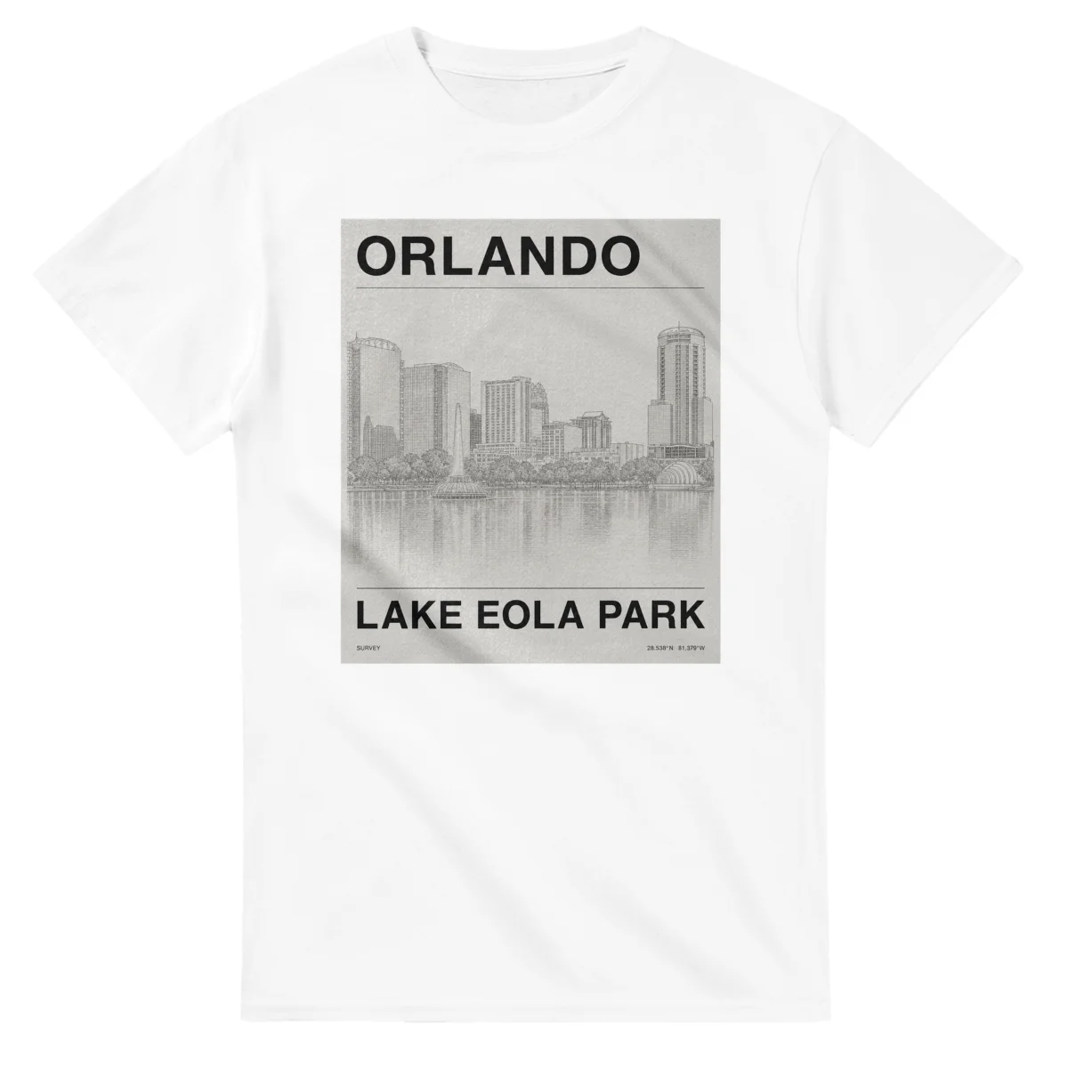 Fine-line engraving-style drawing for Orlando, with a landmark caption and small coordinate text.