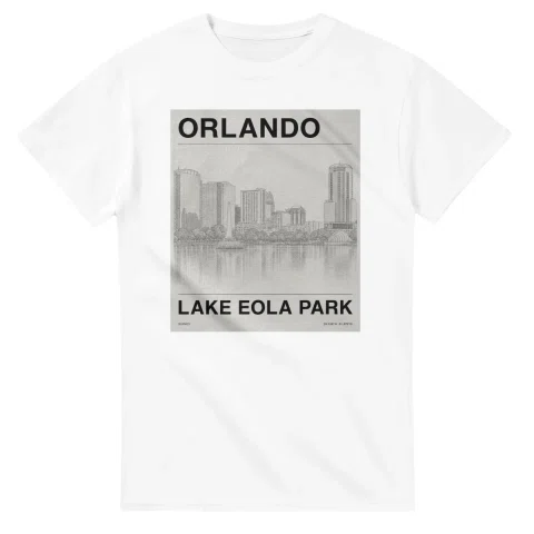 Fine-line engraving-style drawing for Orlando, with a landmark caption and small coordinate text.