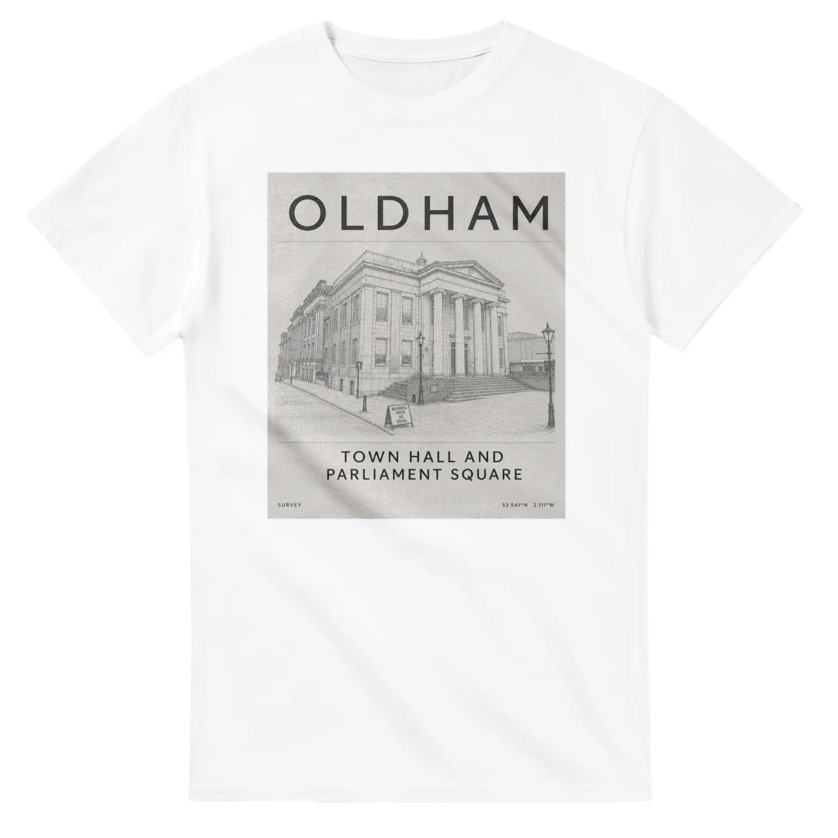 Fine-line engraving-style drawing for Oldham, with a landmark caption and small coordinate text.
