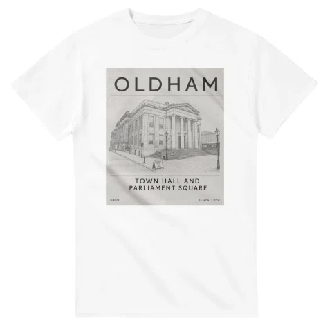 Fine-line engraving-style drawing for Oldham, with a landmark caption and small coordinate text.
