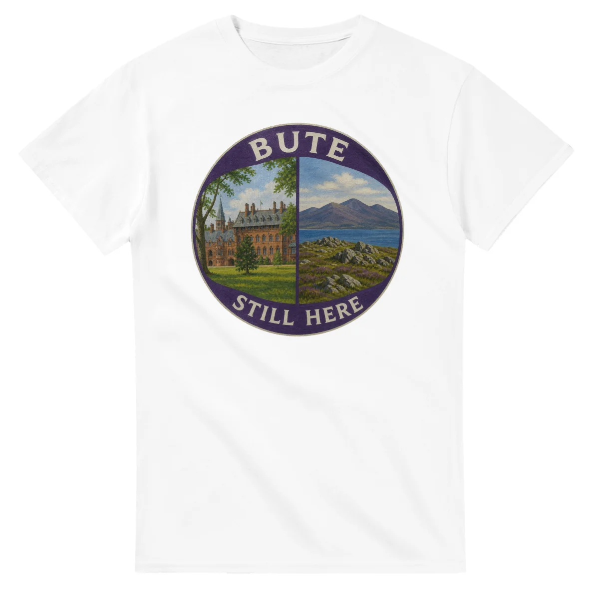 Painted, panelled scenic illustration for Bute, with paired local scenes and the place name in lettering.