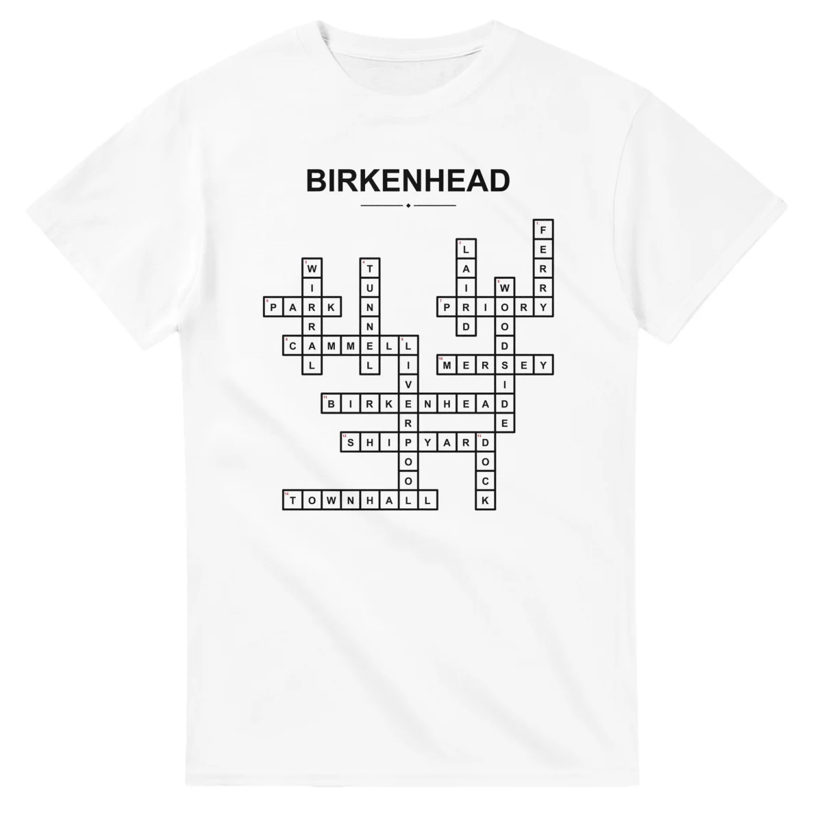 Monochrome crossword sheet for Birkenhead, with a large place-name heading, a letter grid, and numbered across and down clues.